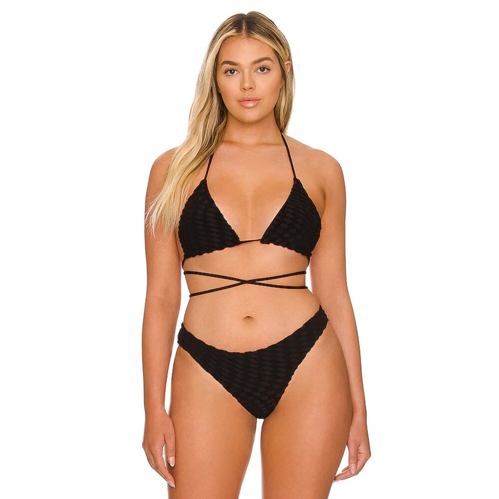 NWT Good American Black Jacquard Wave Check Tiny Ties Bikini Top Size X-1 - Picture 2 of 3